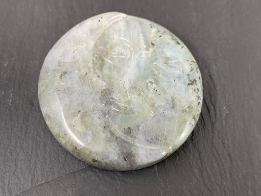Labradorite Sun Moon Carving – Natural 43mm Flat Back Gemstone Art