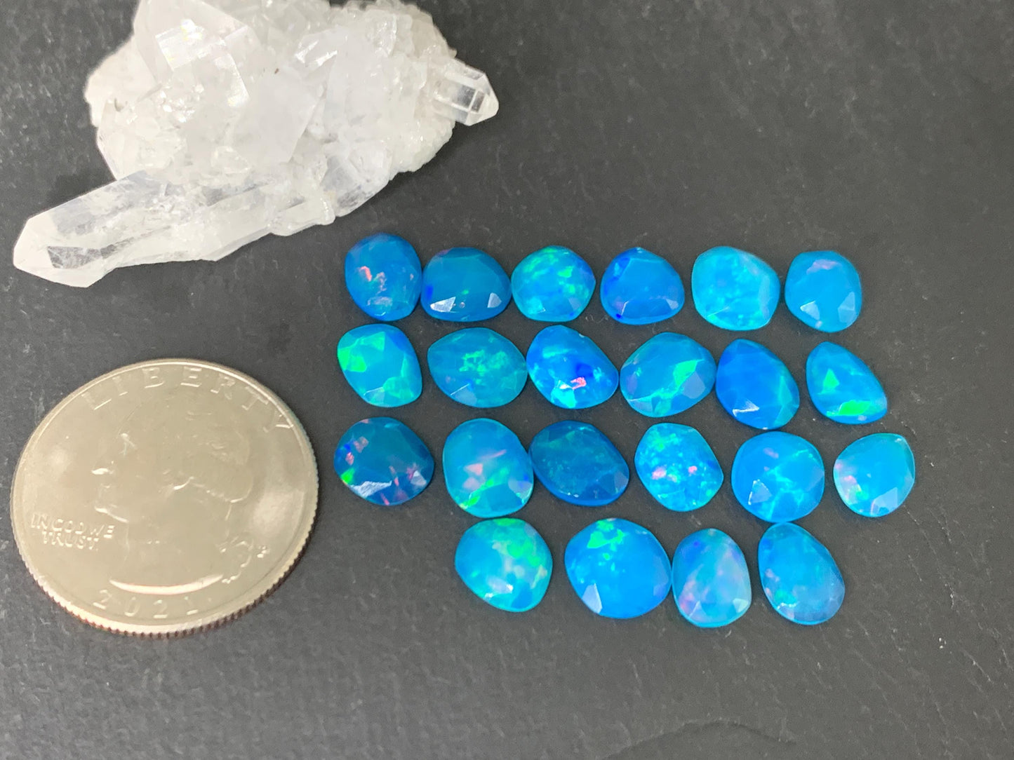 Faceted Blue Ethiopian Opal 8-9mm long cabochon
