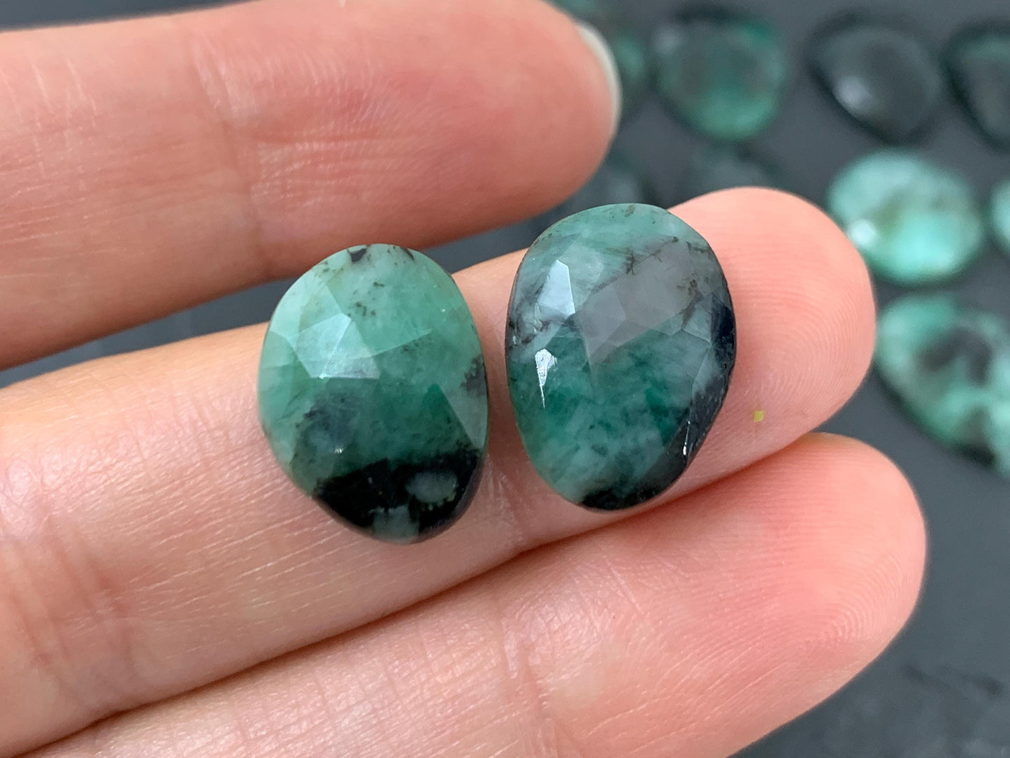 Faceted Emerald Pair 14-18mm long cabochons
