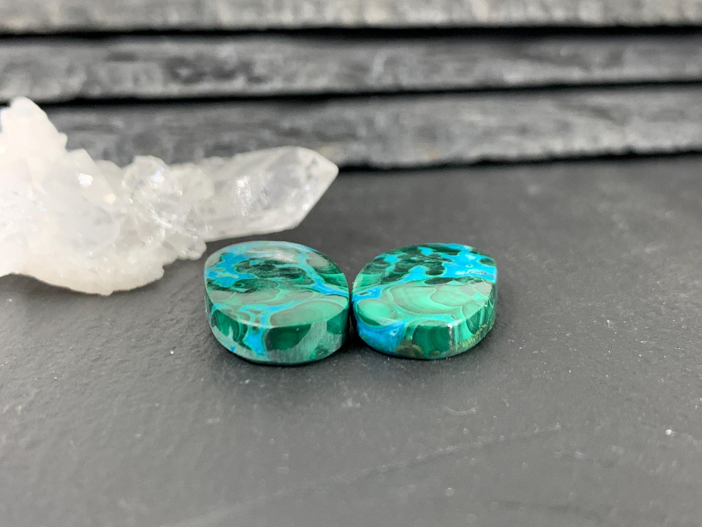 Discounted Malachite Chrysocolla oval 13x24x4mm cabochon pair