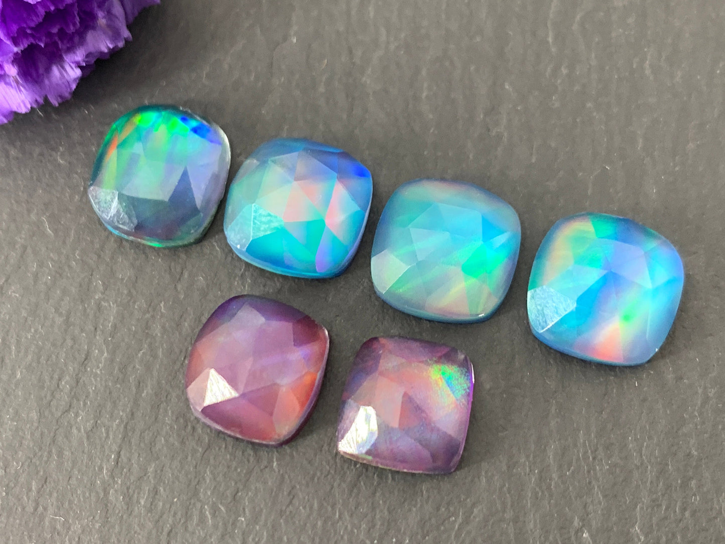 Faceted Aurora Opal square cabochon - Doublet cabochon
