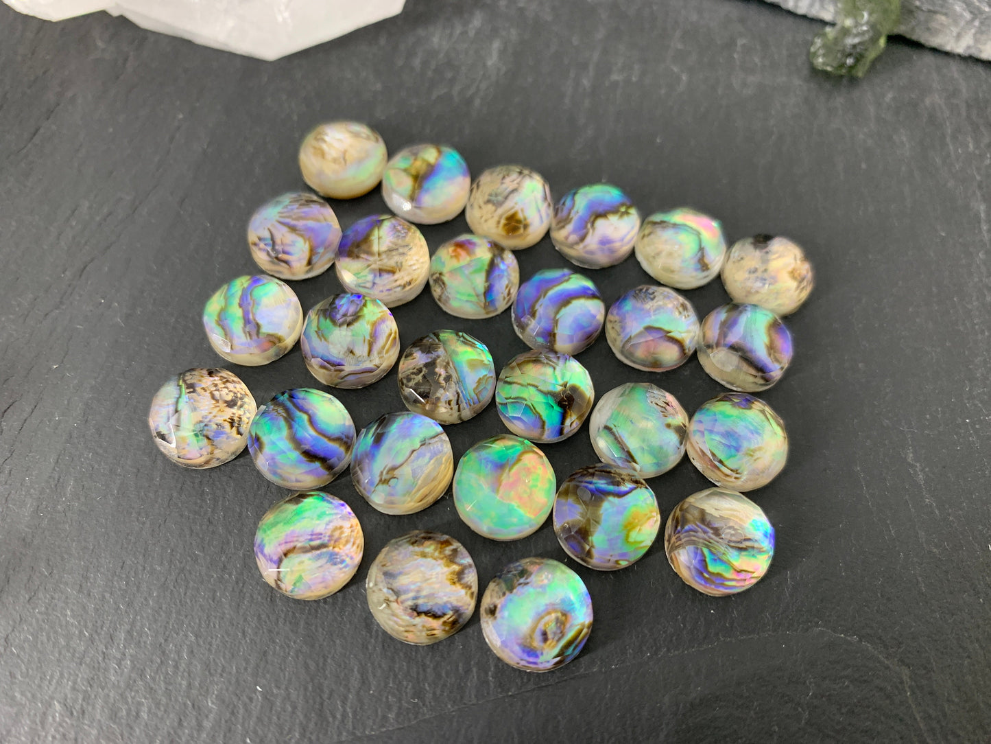 Faceted Abalone round 10mm doublet cabochon