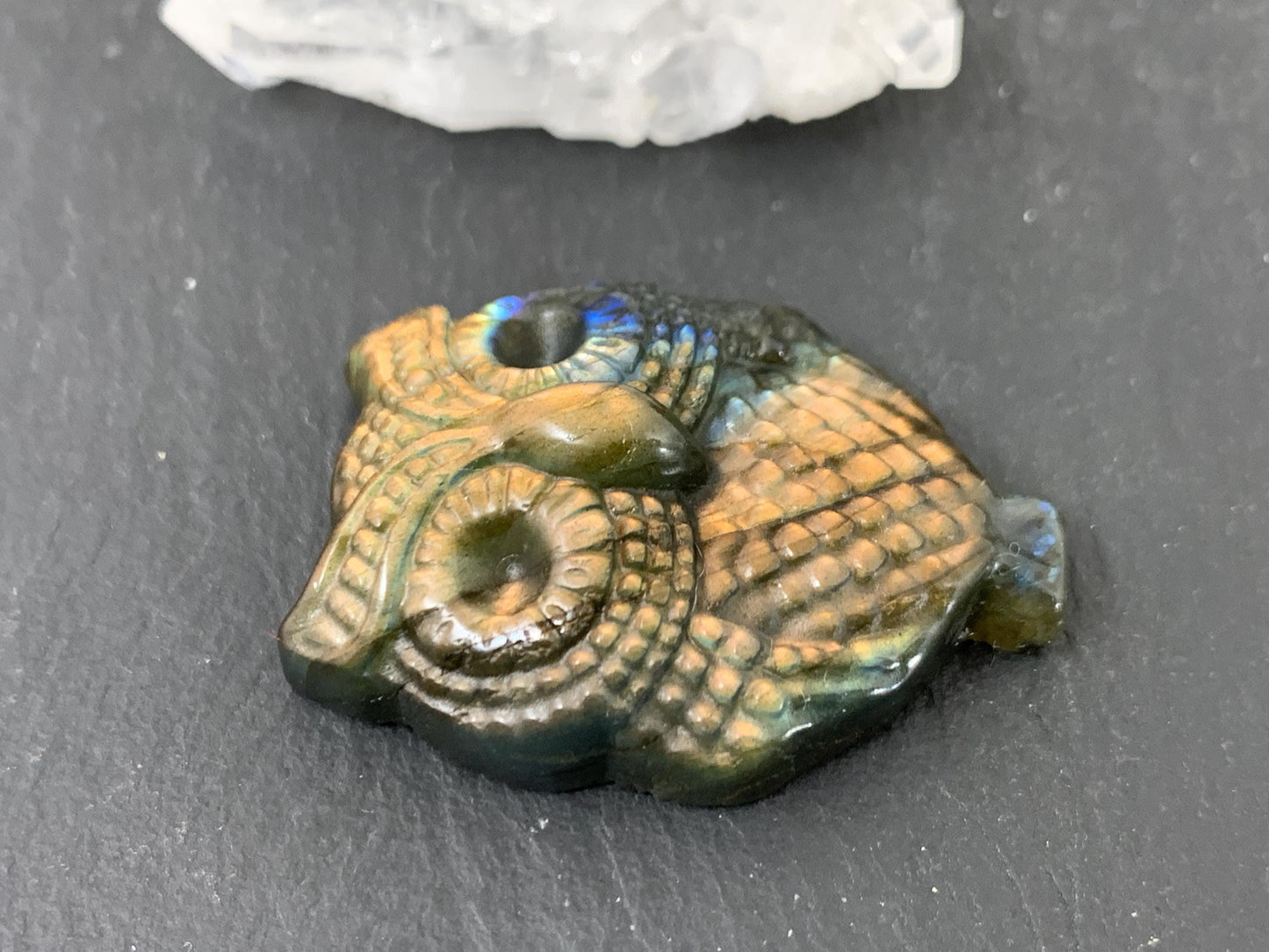 Labradorite Owl Carving - Natural 27x37mm Flat Back Gemstone Figure