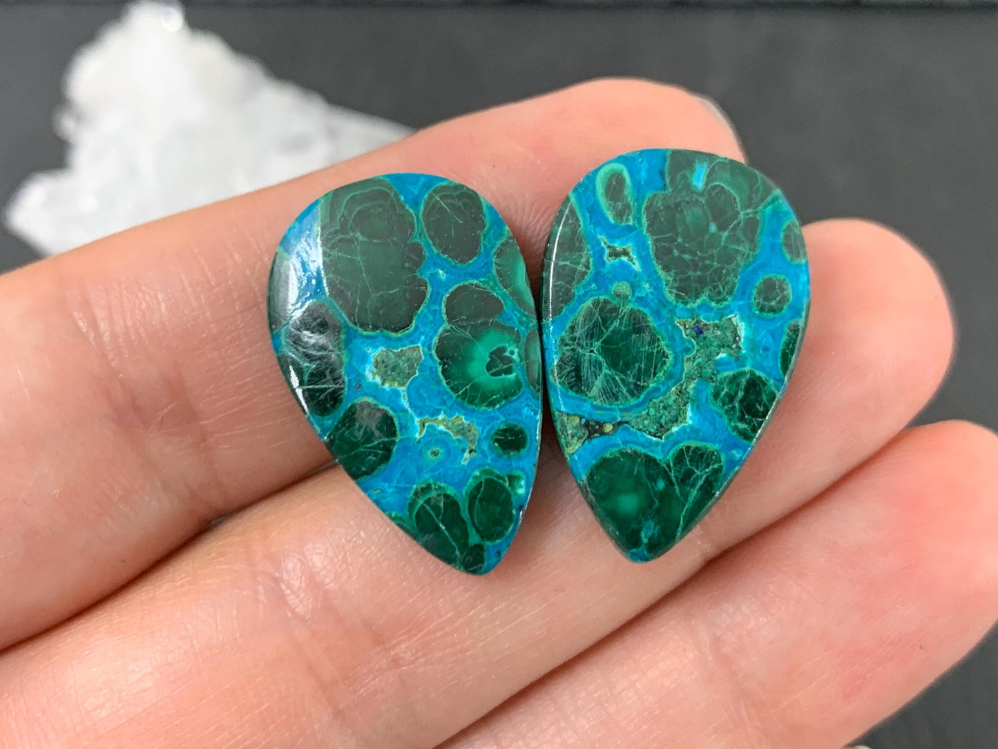 Malachite Chrysocolla pear 15x24x4mm cabochon pair
