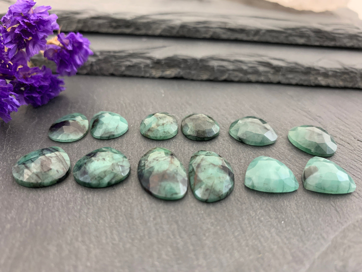 Faceted Emerald pair 13-18mm long cabochon