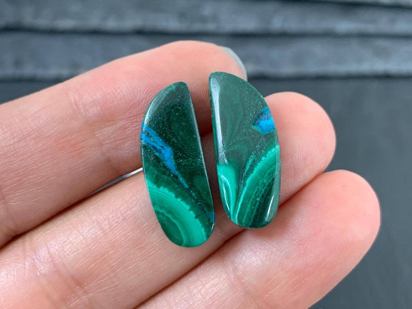 Malachite Chrysocolla free form 8x22x3mm cabochon pair