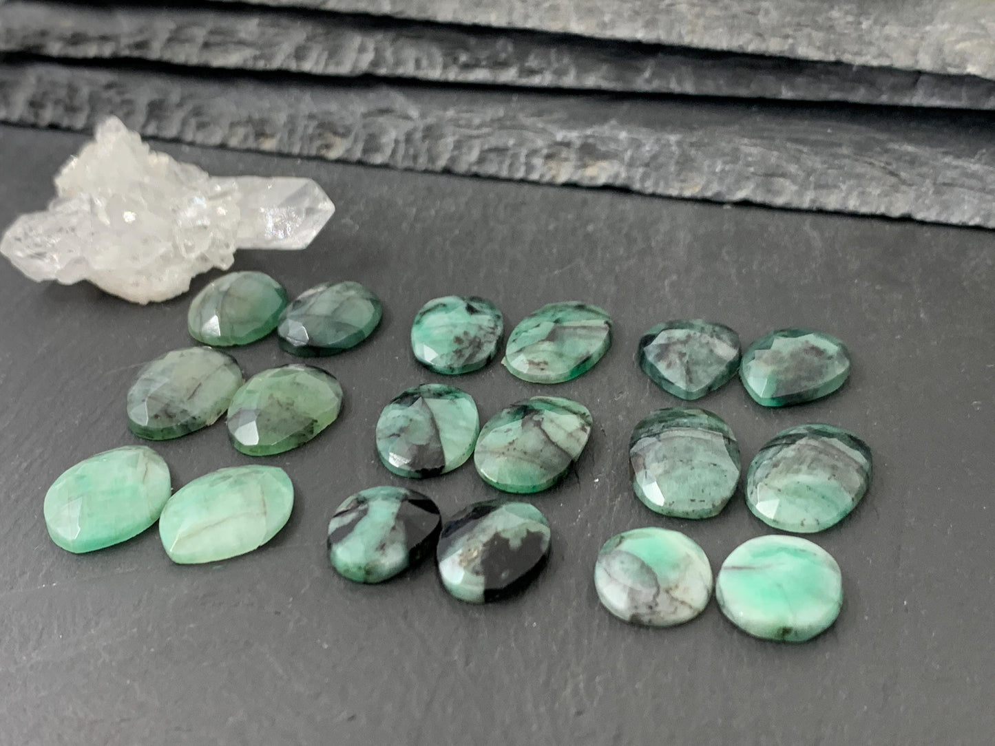 Faceted Emerald pair 14-18mm long cabochon