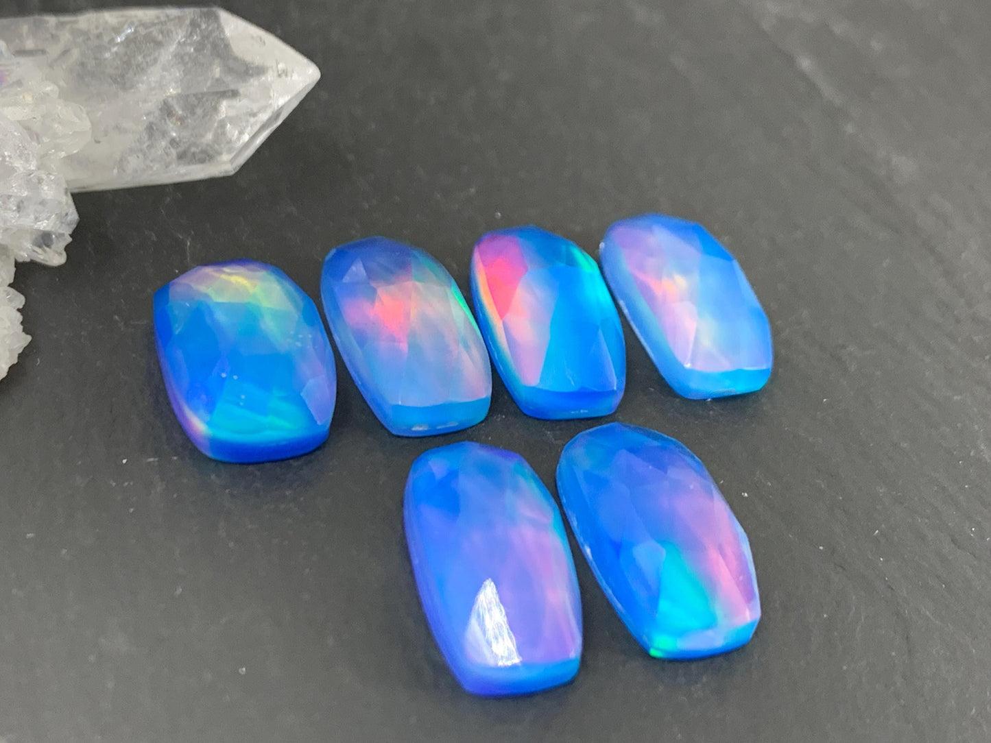 Faceted Aurora Opal rectangle 7x14mm long doublet cabochons