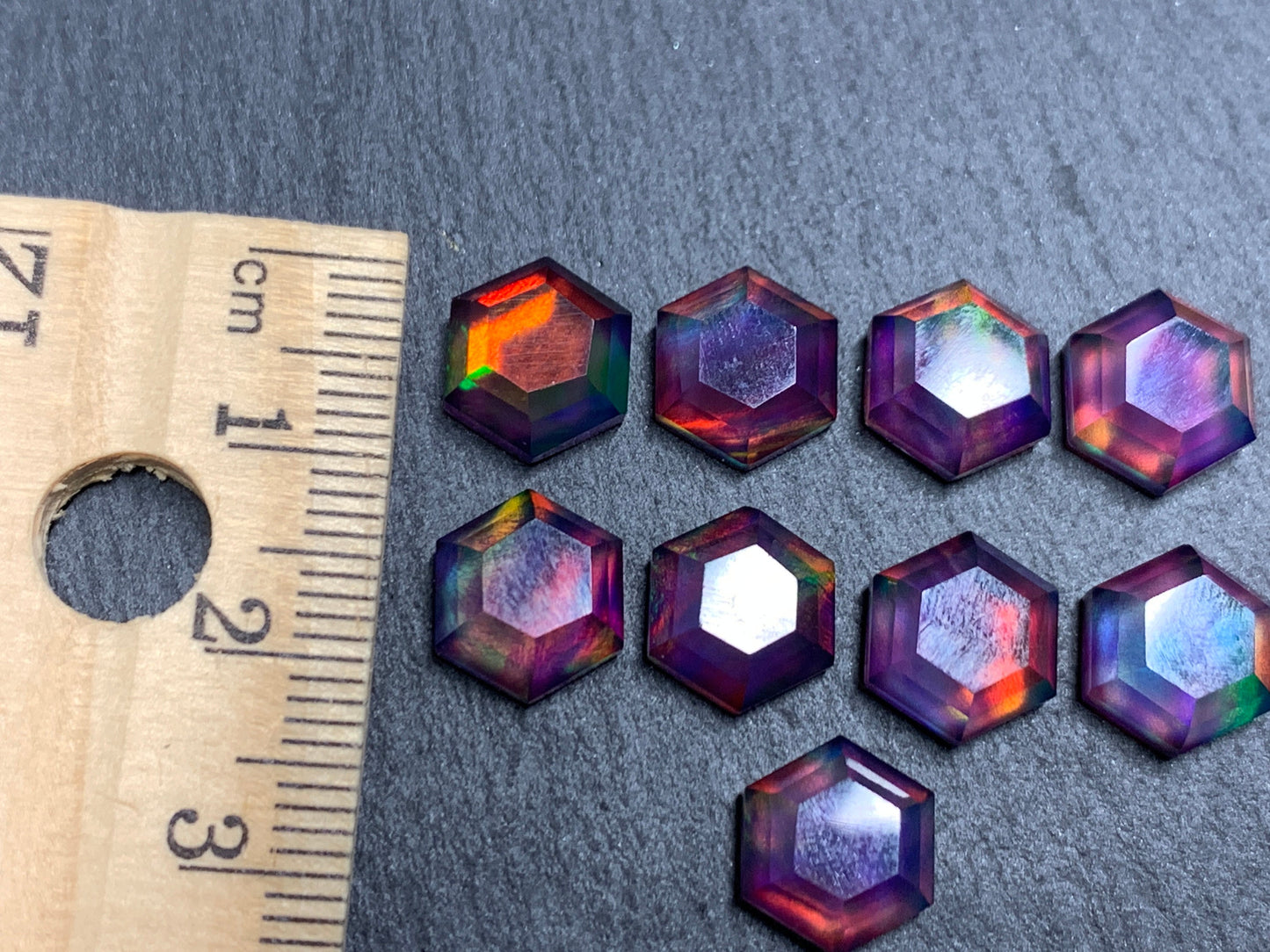 Faceted Aurora Opal hexagon 9mm cabochon - Doublet cabochons