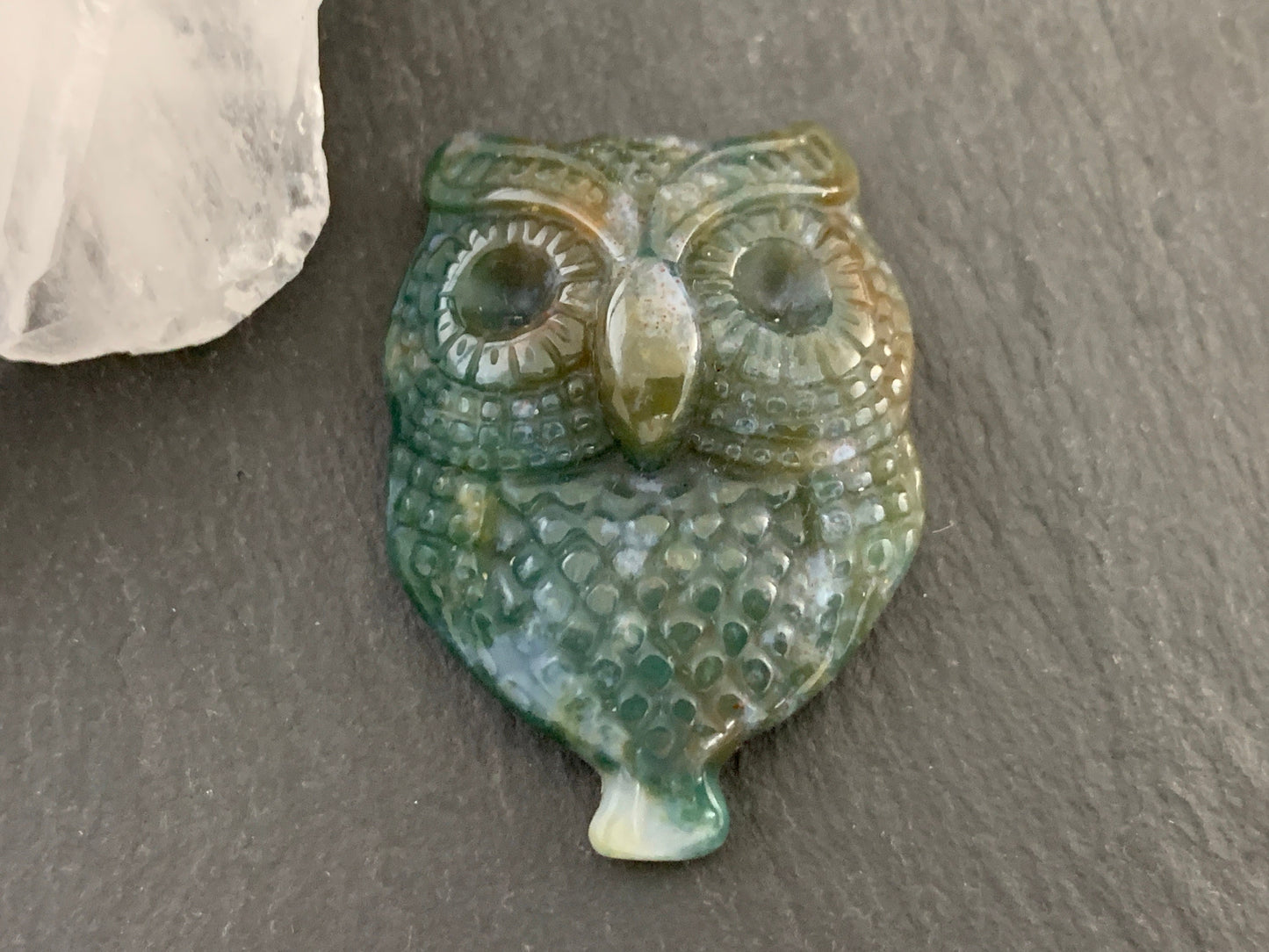 Ocean Jasper owl top drilled 25x35mm cabochon carving