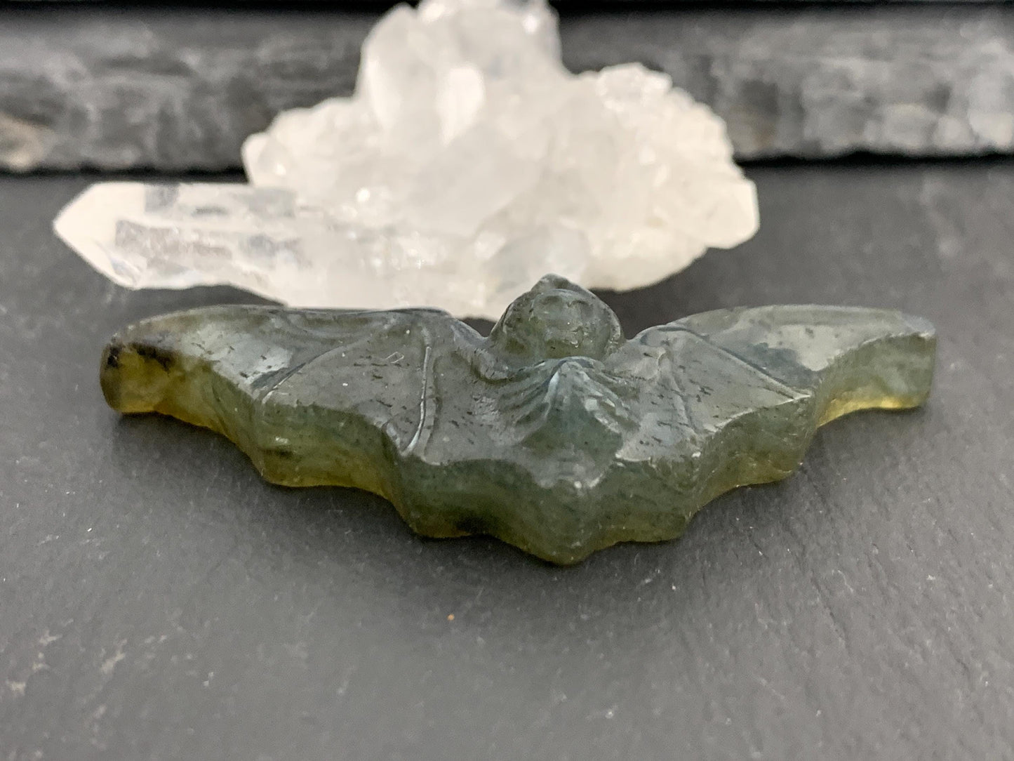 Labradorite skeleton bat 18x48mm flat back carving