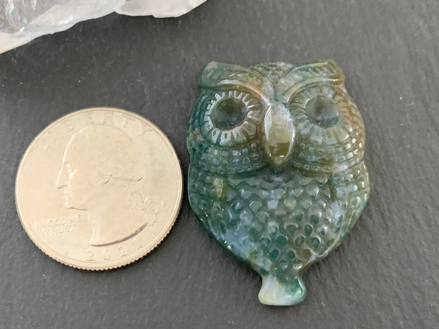 Ocean Jasper owl top drilled 25x35mm cabochon carving