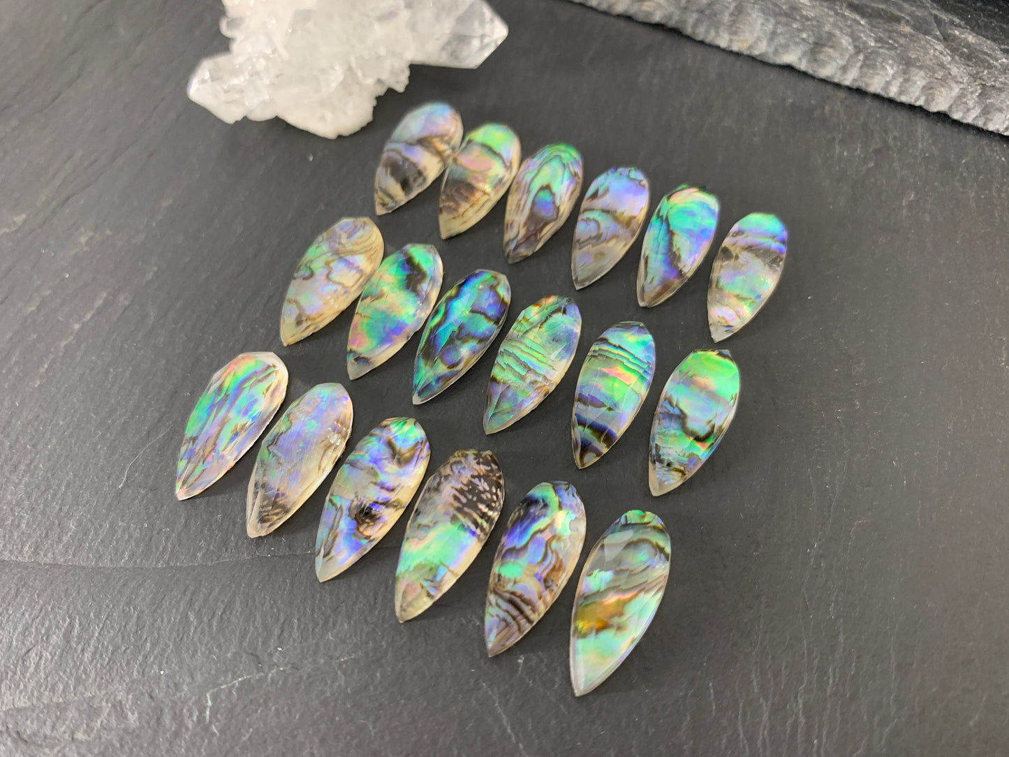 Faceted Abalone Crystal pear 10x20mm doublet cabochon