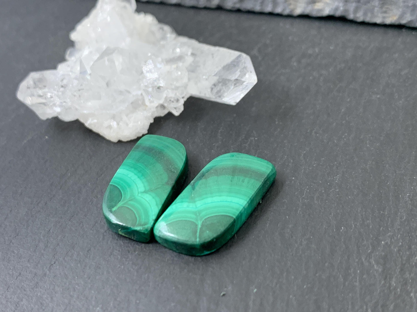 Malachite free form 10x20x4mm cabochon pair