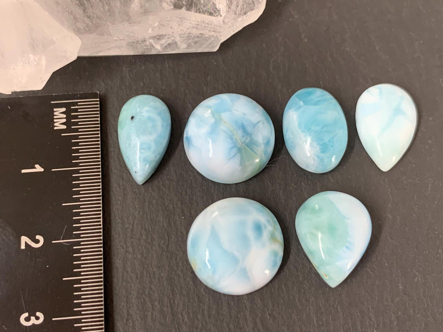 Larimar cabochon 13mm long pear, round, oval