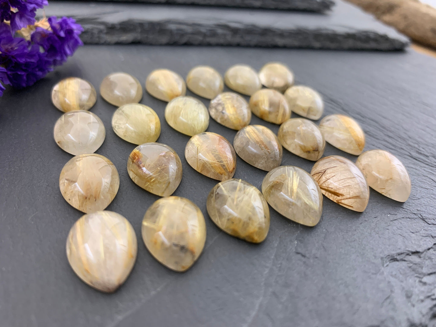 Gold Rutilated Quartz pear 12x16mm cabochon - Calibrated cabochons