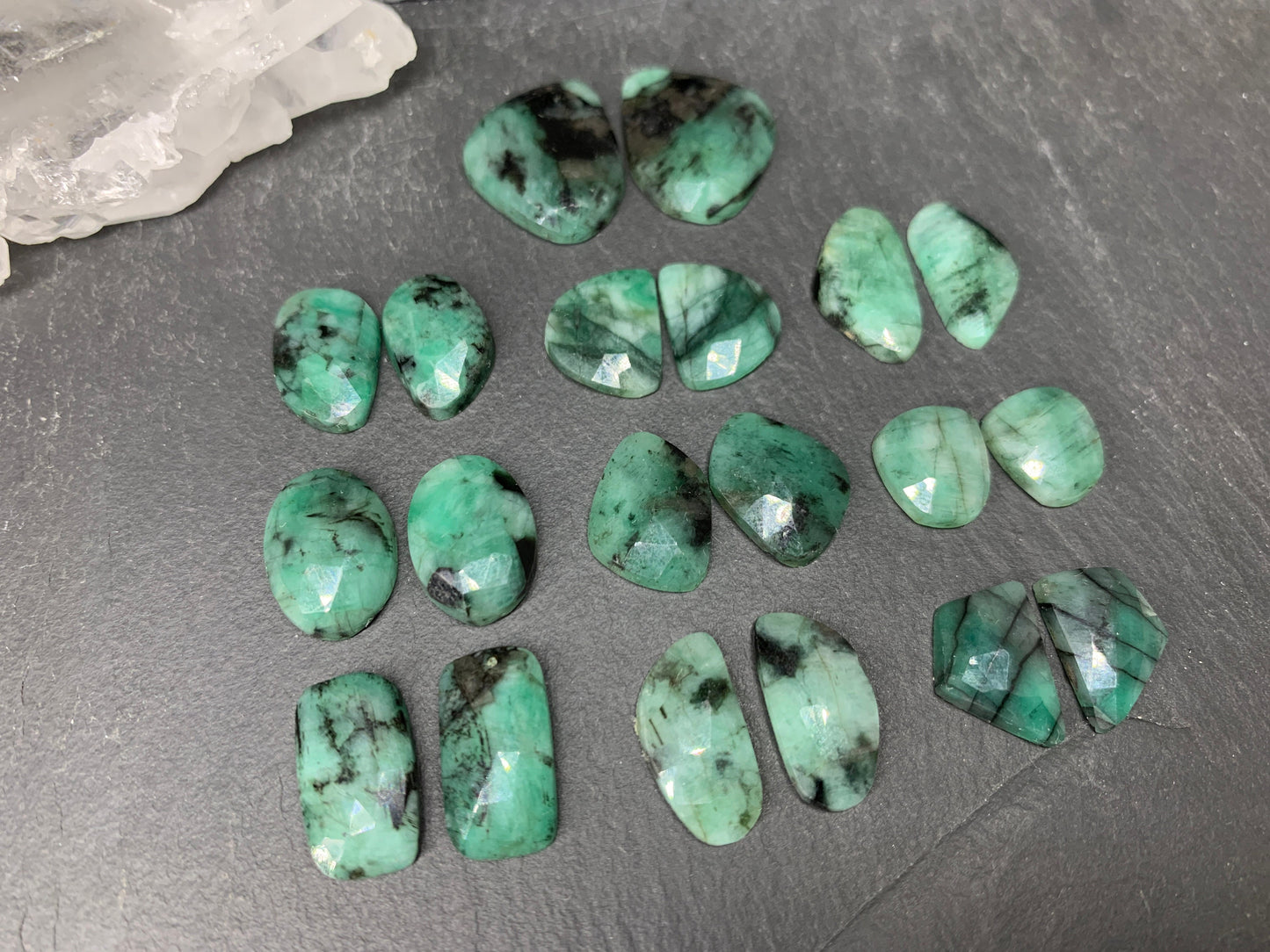 Faceted Emerald Pair 13-17mm long cabochon