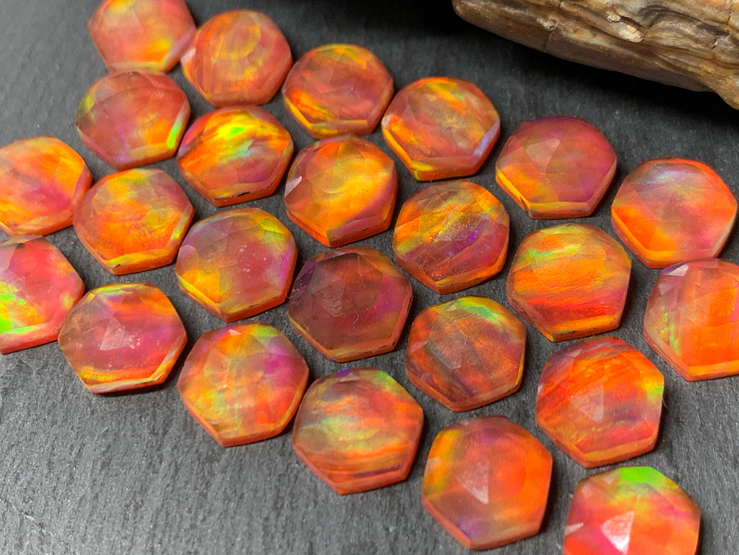 Faceted Orange Aurora Opal hexagon 10mm cabochon - Doublet cabochons