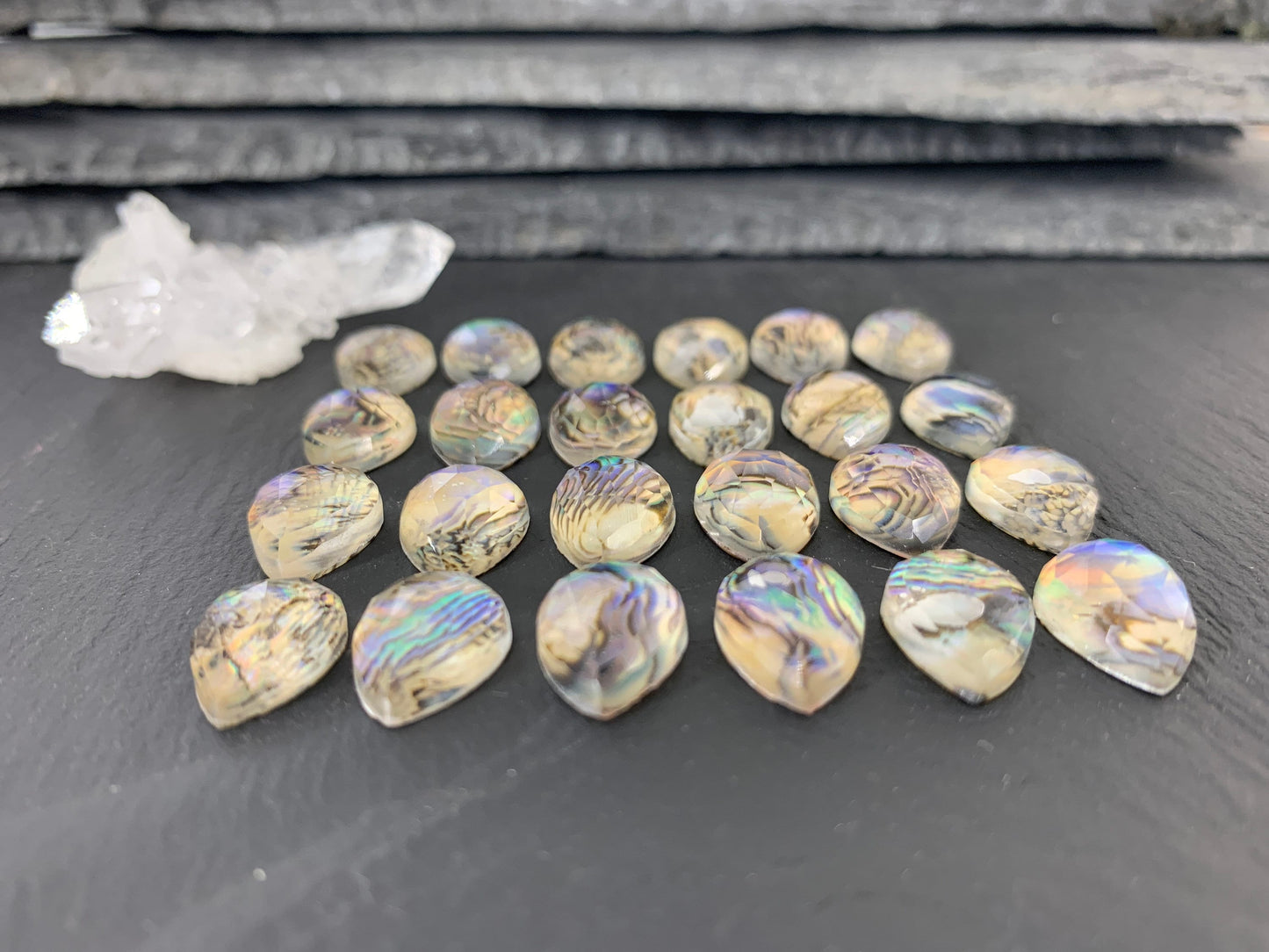 Rose Cut Abalone Crystal Doublet Pear 10x14mm Cabochon