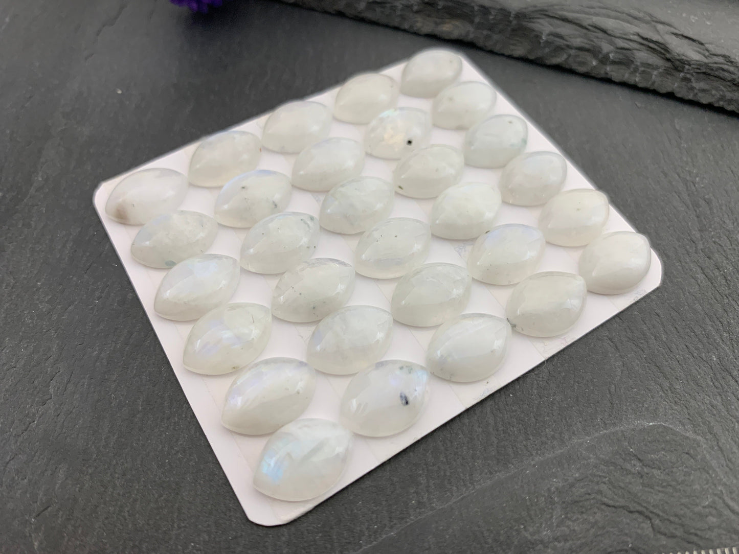 Natural Rainbow Moonstone Cabochon: Calibrated Marquise 10x14mm