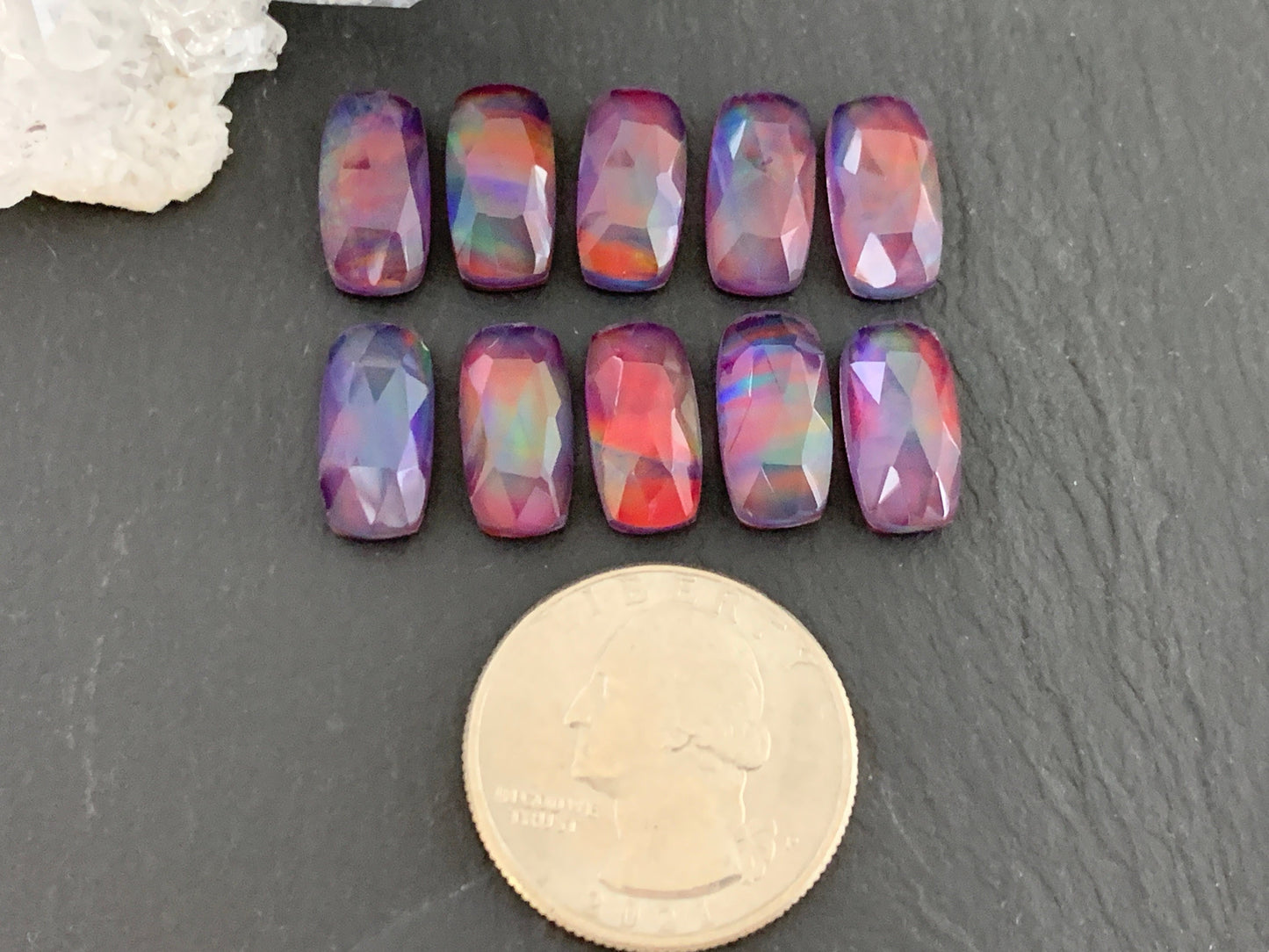 Faceted Aurora Opal rectangle 7x14mm cabochon - Doublet cabochons