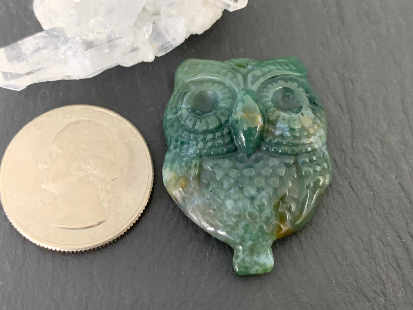 Ocean Jasper owl top drilled 26x35mm cabochon carving