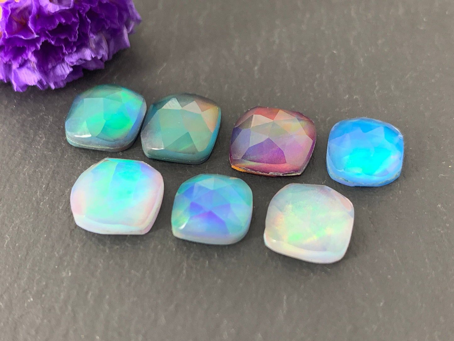 Faceted Aurora Opal square 8mm cabochon - Doublet cabochons