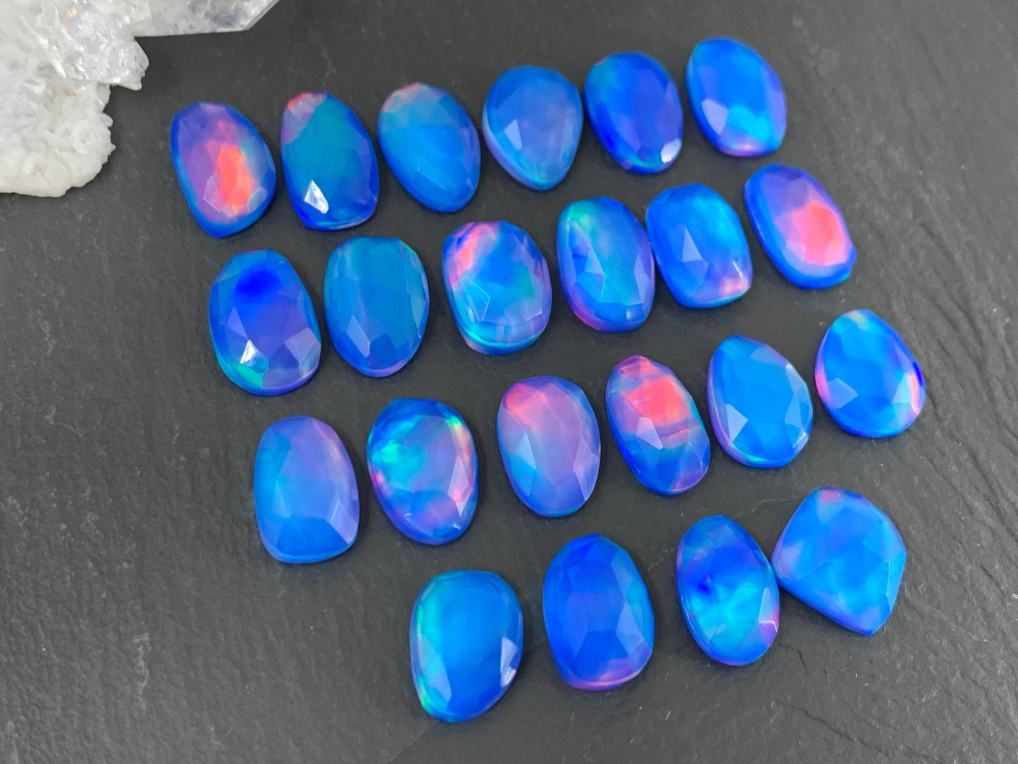 Faceted Aurora Opal oval, free form 11-13mm long doublet cabochons - Doublet cabochons