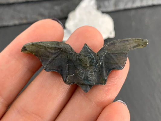 Discounted Labradorite skeleton bat 19x48mm flat back carving