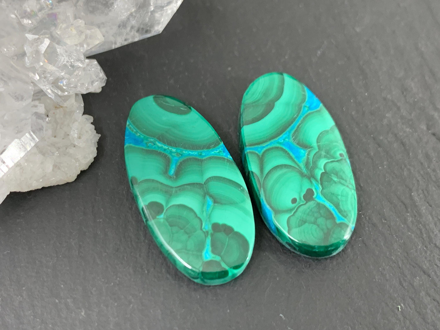 Malachite Chrysocolla oval 12x24x4mm cabochon pair