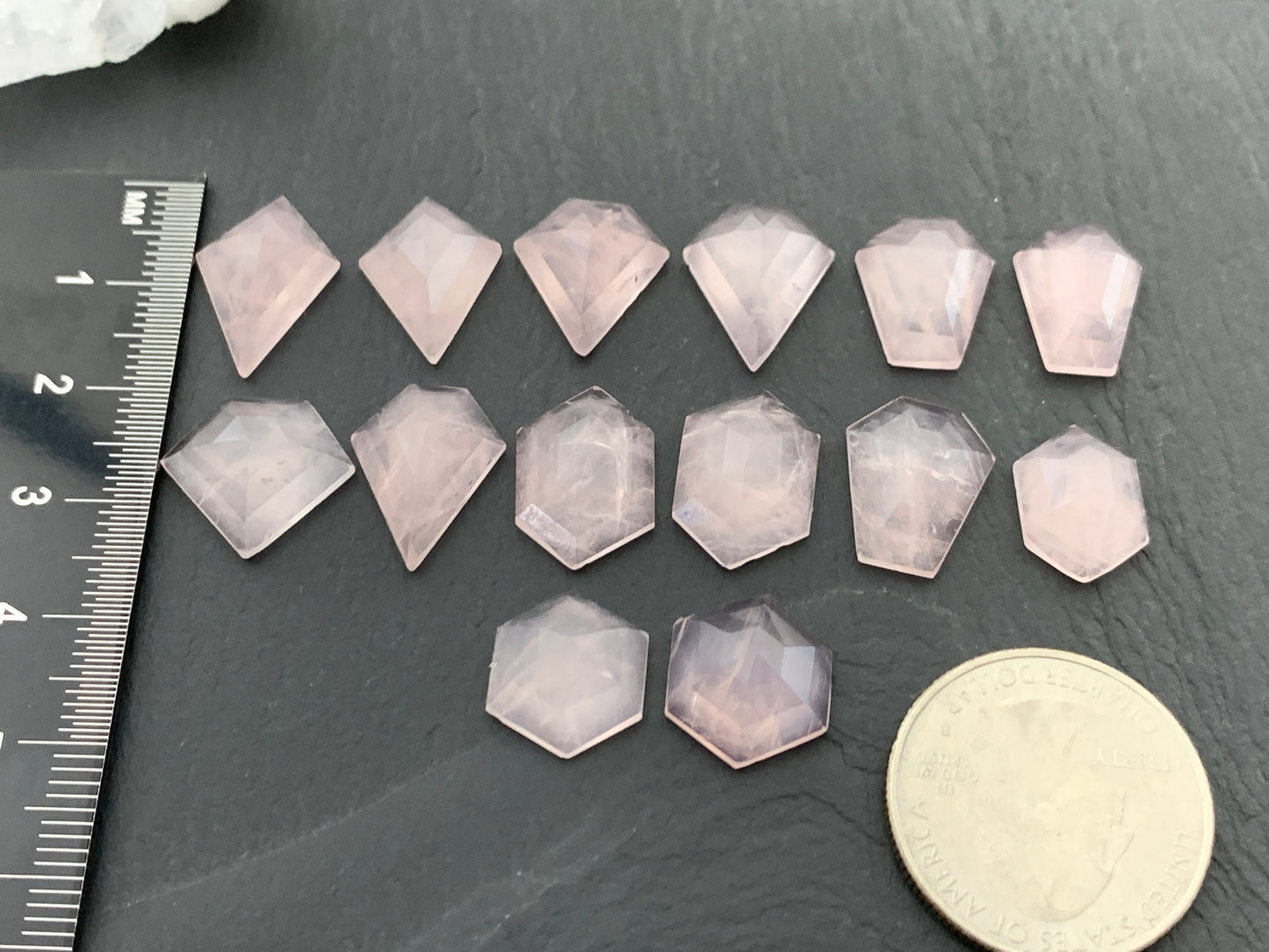 Faceted Rose Quartz kite, coffin, hexagon cabochons