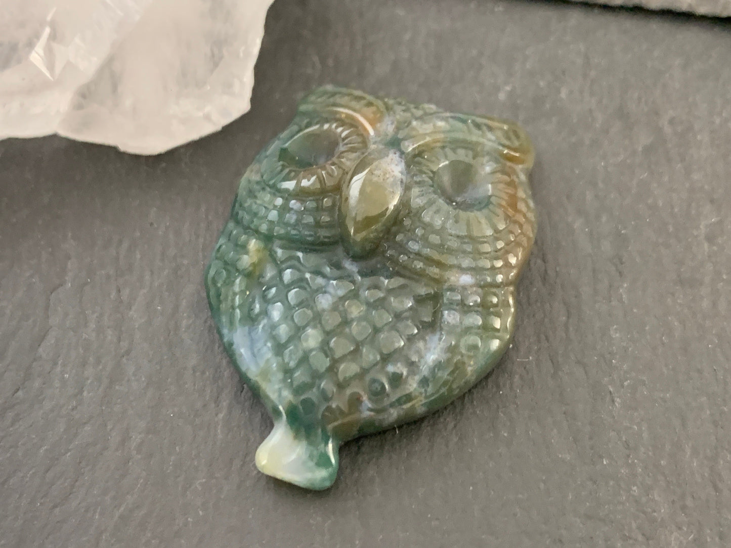Ocean Jasper owl top drilled 25x35mm cabochon carving
