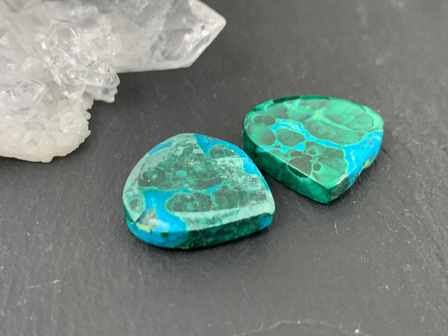 Malachite Chrysocolla pear 16x17x4mm cabochon pair