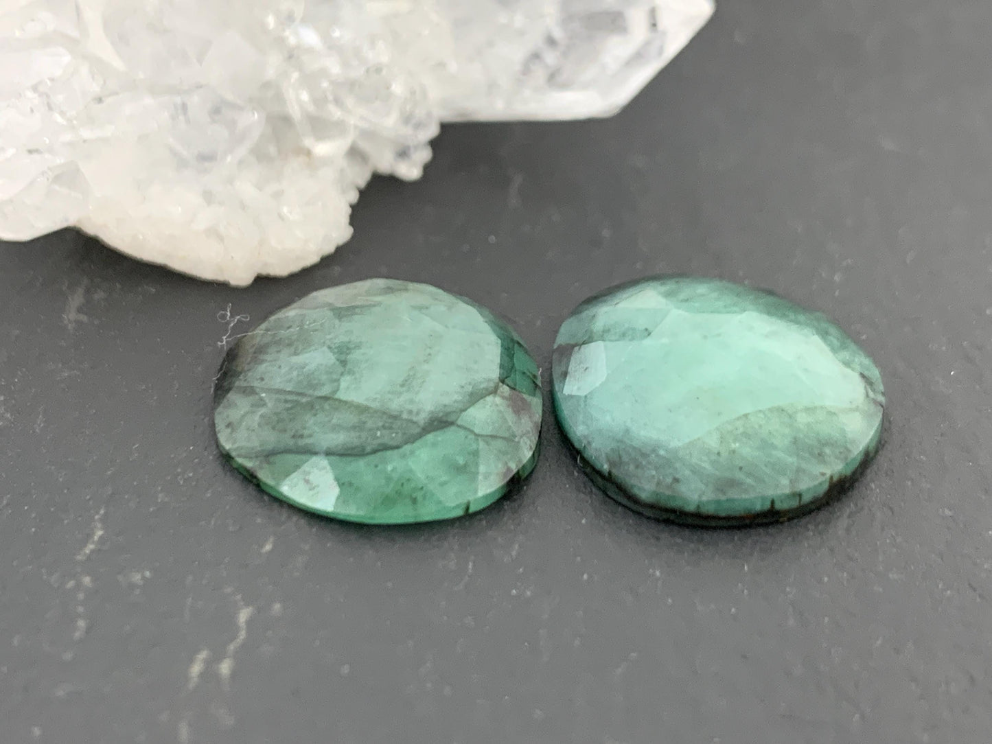 Faceted Emerald Pair 15x17x3mm cabochon