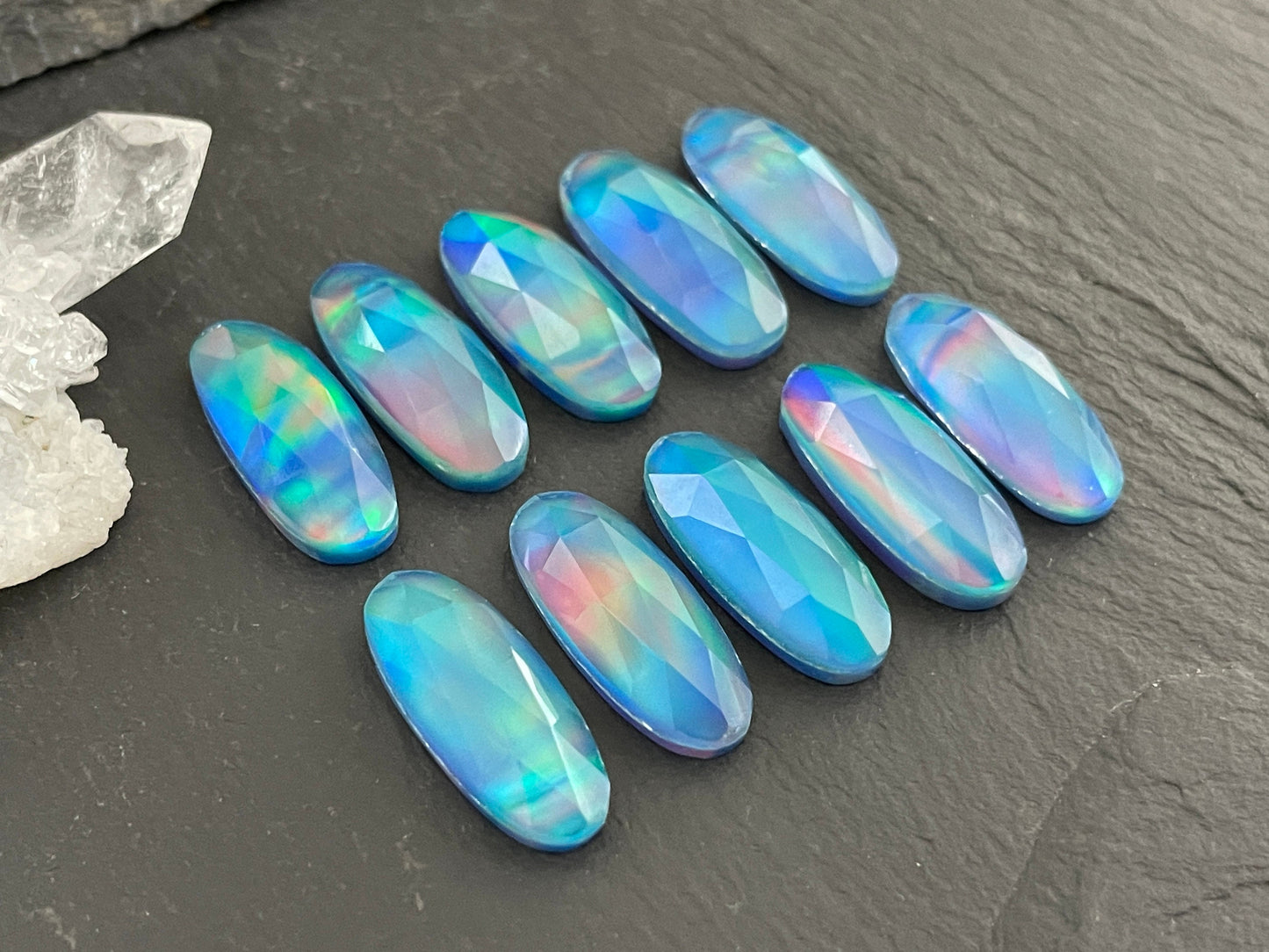 Faceted Aurora Opal oval 8x20mm cabochon - Doublet cabochons