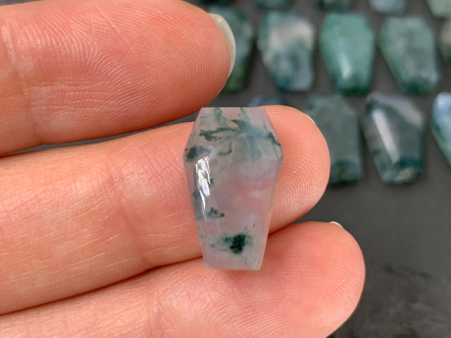 Faceted Moss Agate coffin 10x16mm cabochon