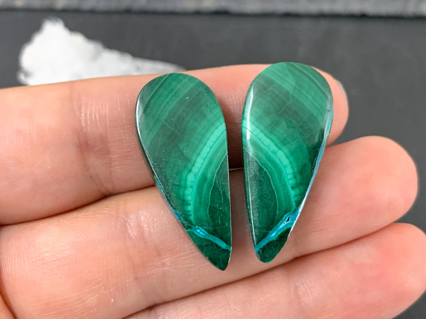 Malachite Chrysocolla pear 12x29x4.5mm cabochon pair