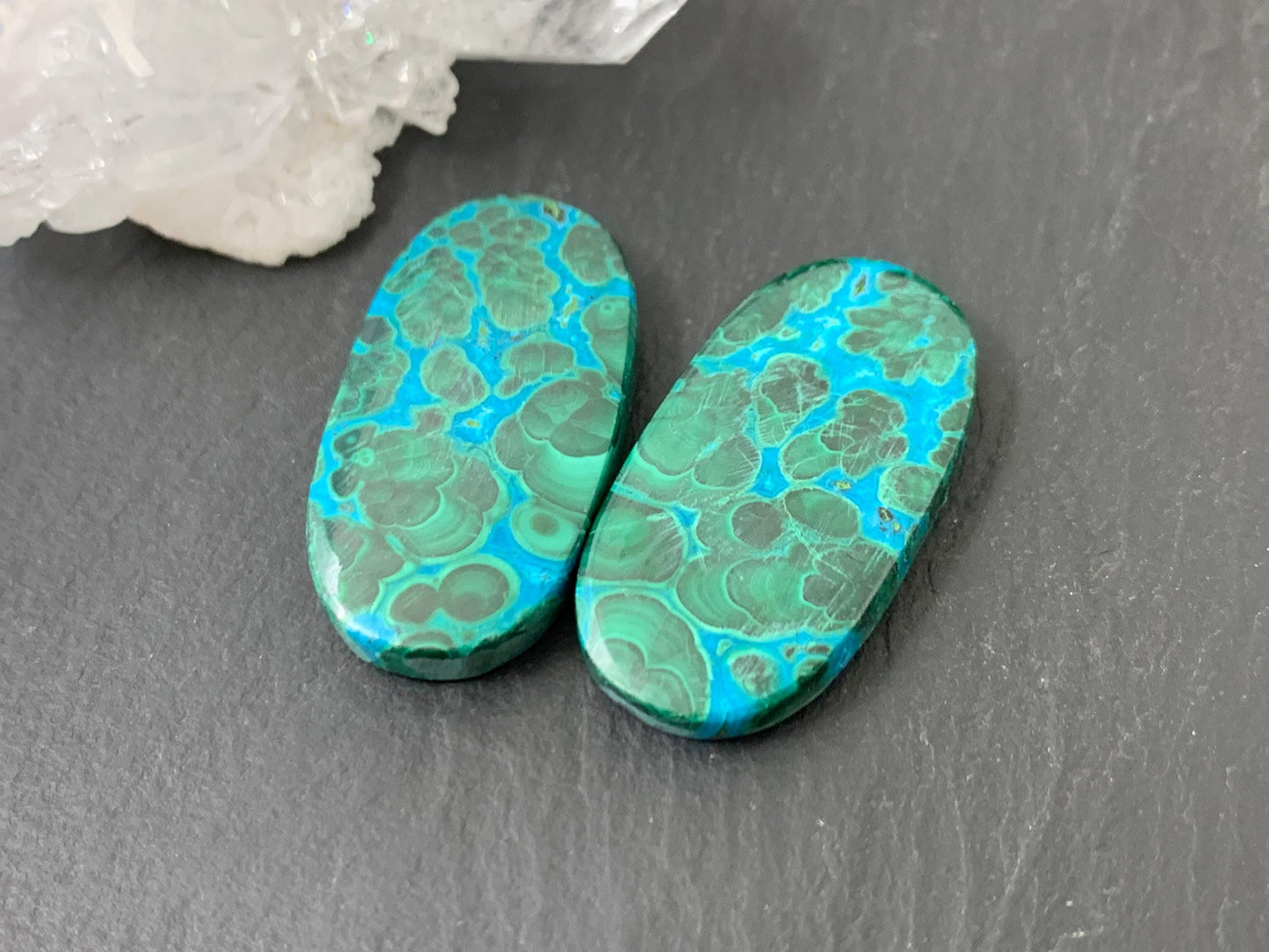 Malachite Chrysocolla oval 14x28x4mm cabochon pair
