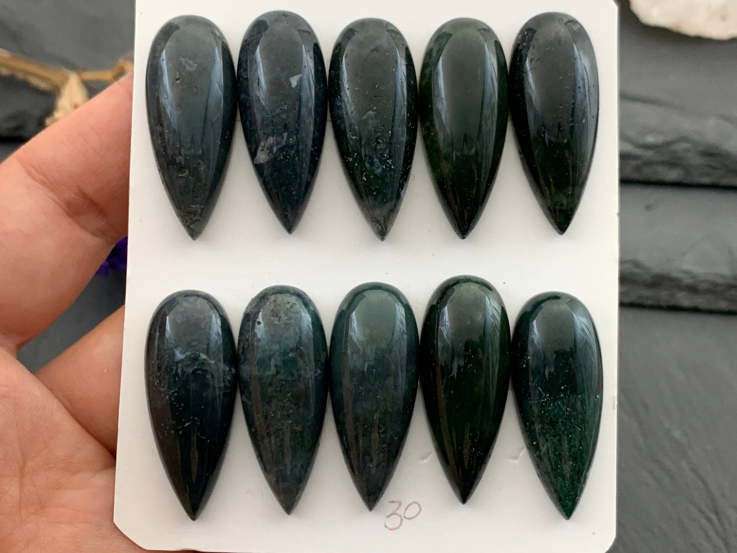 Moss Agate pear 12x30mm cabochon - Calibrated cabochons