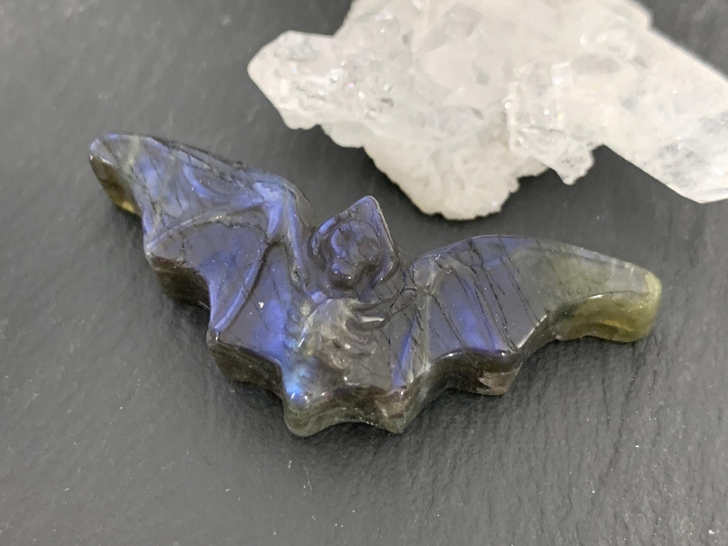Labradorite skeleton bat 20x47mm flat back carving