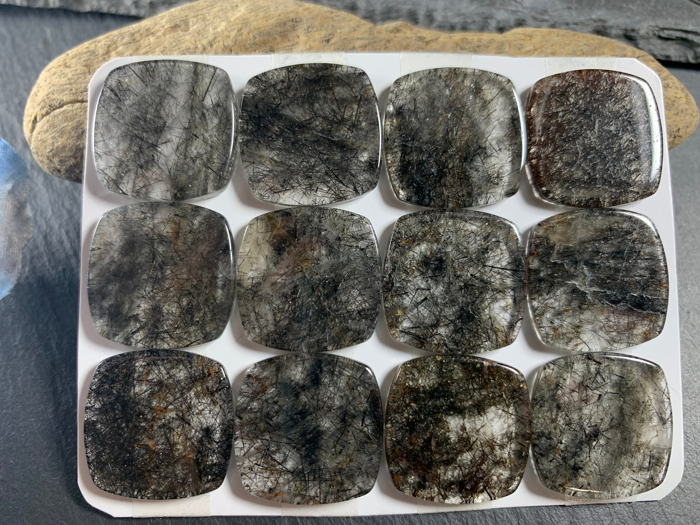 Flat Black Rutilated Quartz square cushion 20mm cabochon - Calibrated Cabochons