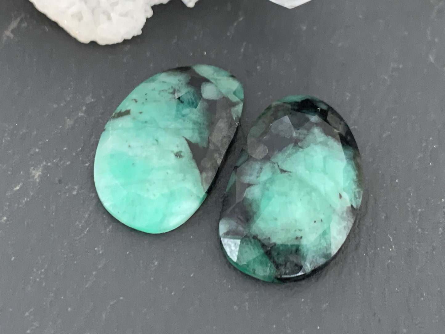 Faceted Emerald Pair 12x20x3mm cabochon