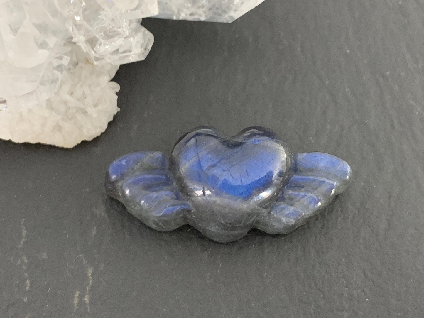 Labradorite Heart with Wings 25x10mm. Hand Carved Gemstone