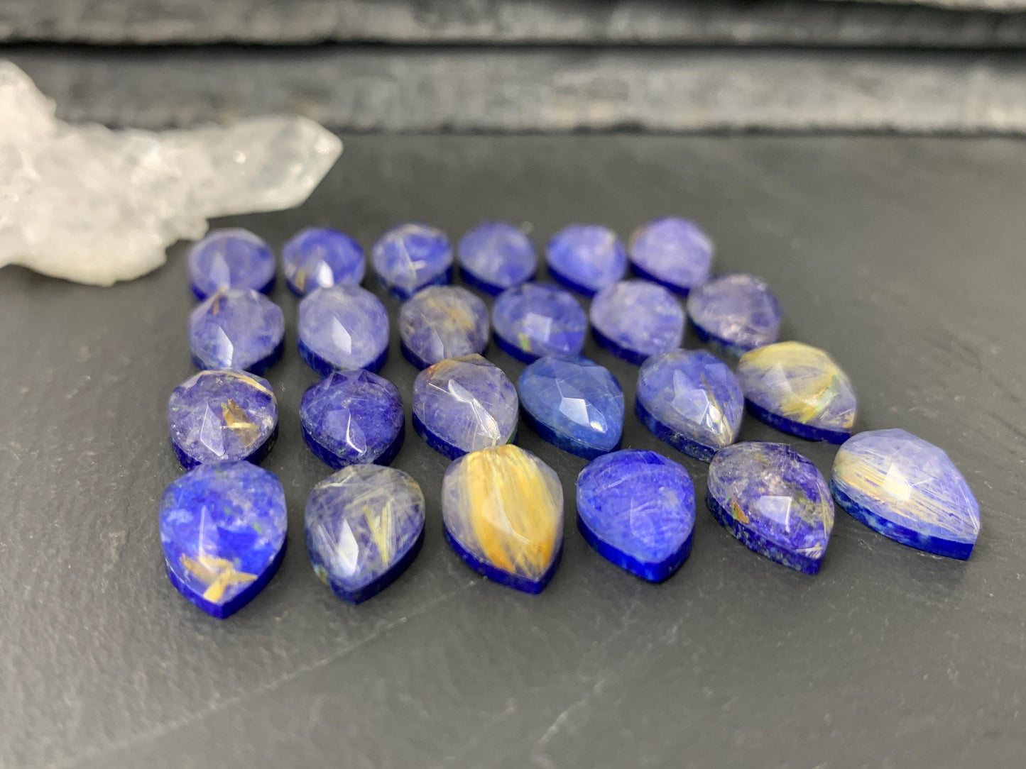 Faceted Gold Rutilated Quartz & Lapis Lazuli pear 8x12mm cabochon - Doublet cabochons