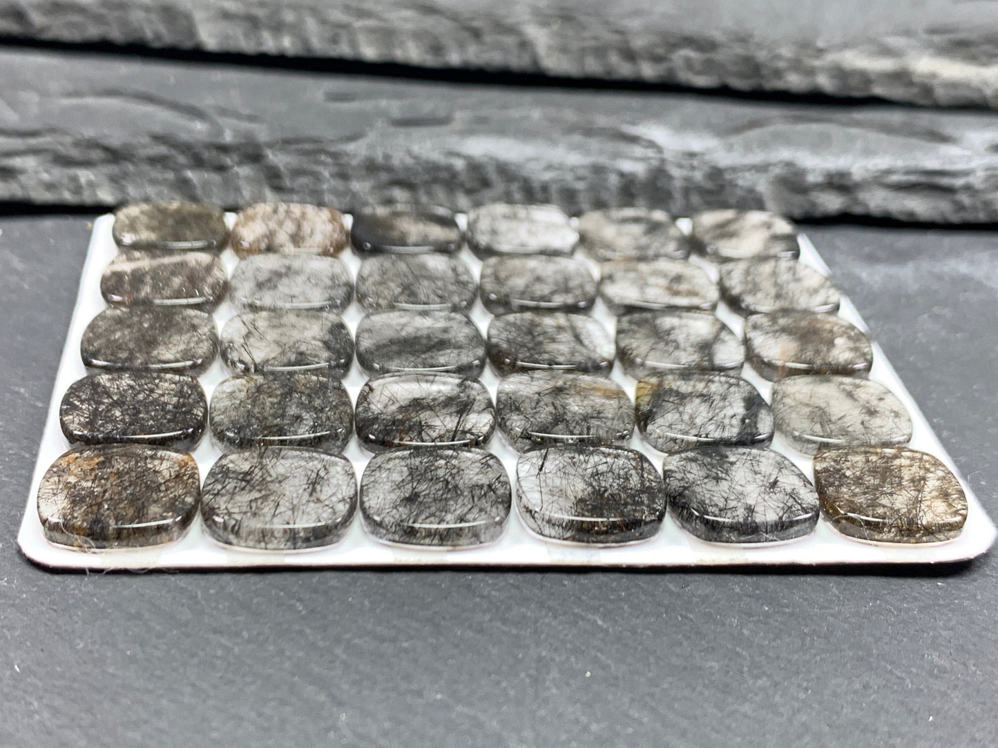 Flat Black Rutilated Quartz square cushion 12mm cabochon - calibrated cabochons