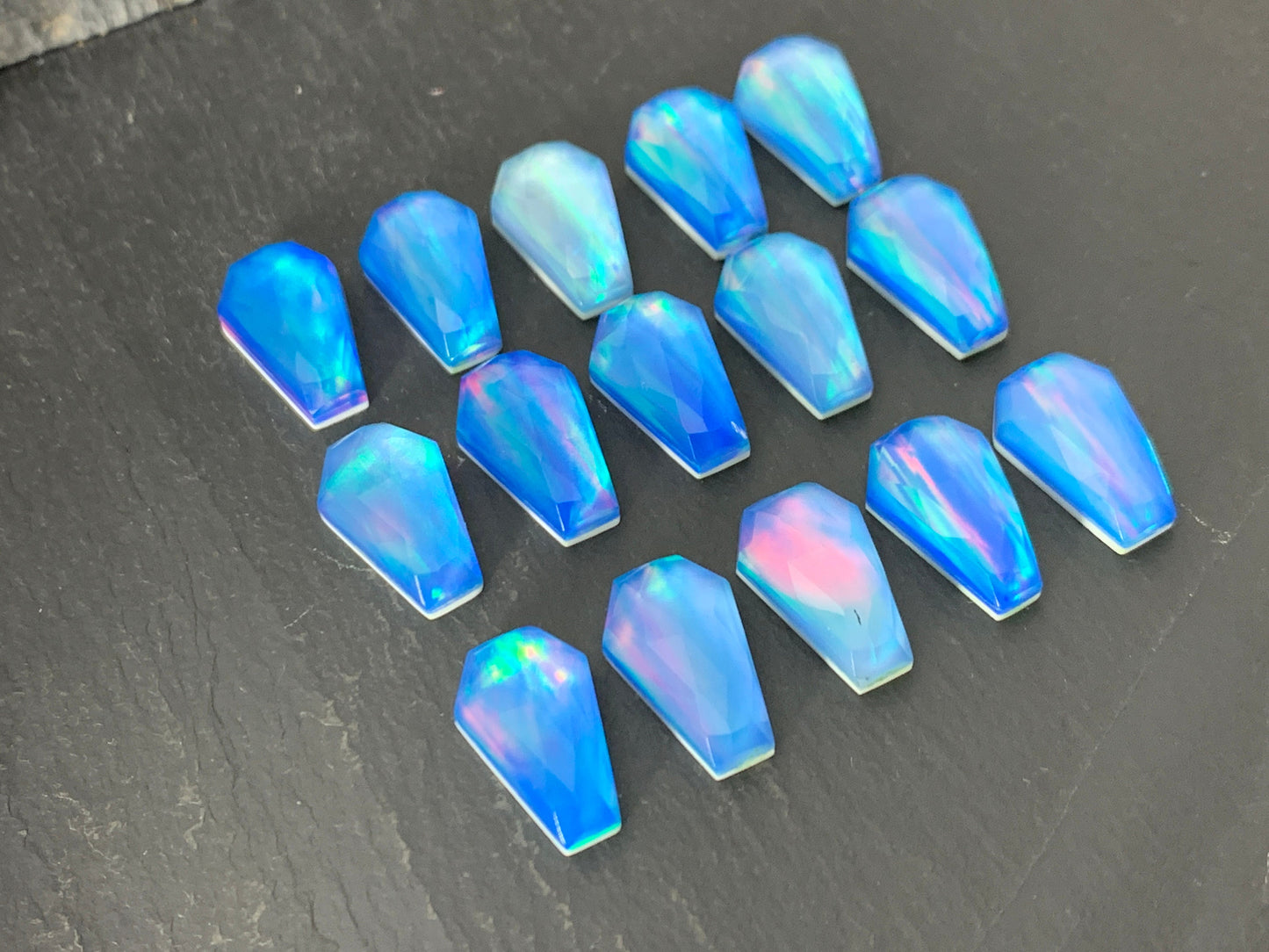 Faceted Aurora Opal coffin 10x16mm cabochon - Doublet cabochons