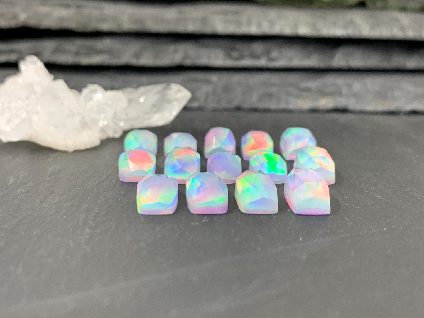 Faceted Aurora Opal rectangle 6x12mm cabochon - Doublet cabochon