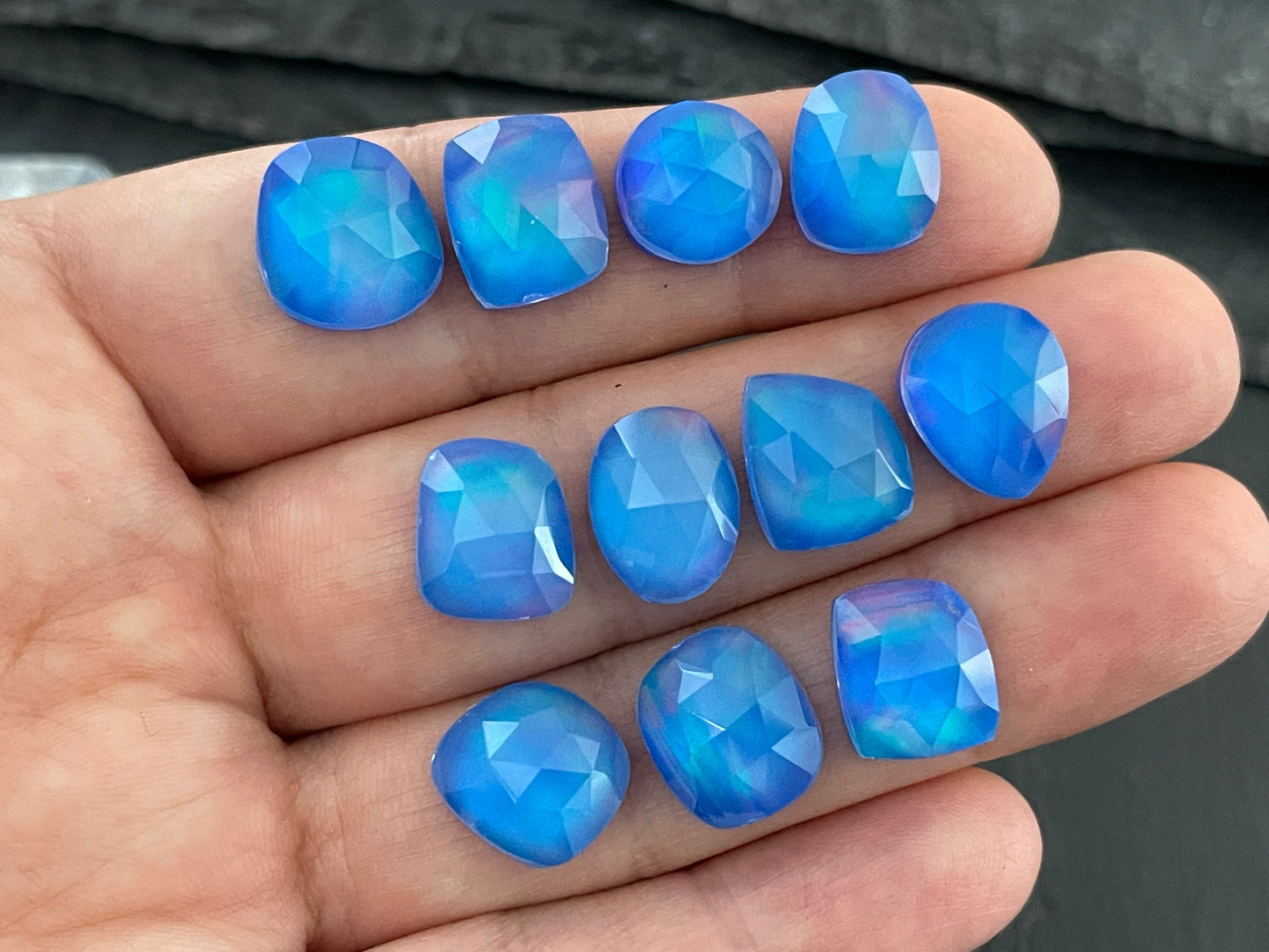 Faceted Aurora Opal 11-12mm long cabochon - Doublet cabochons