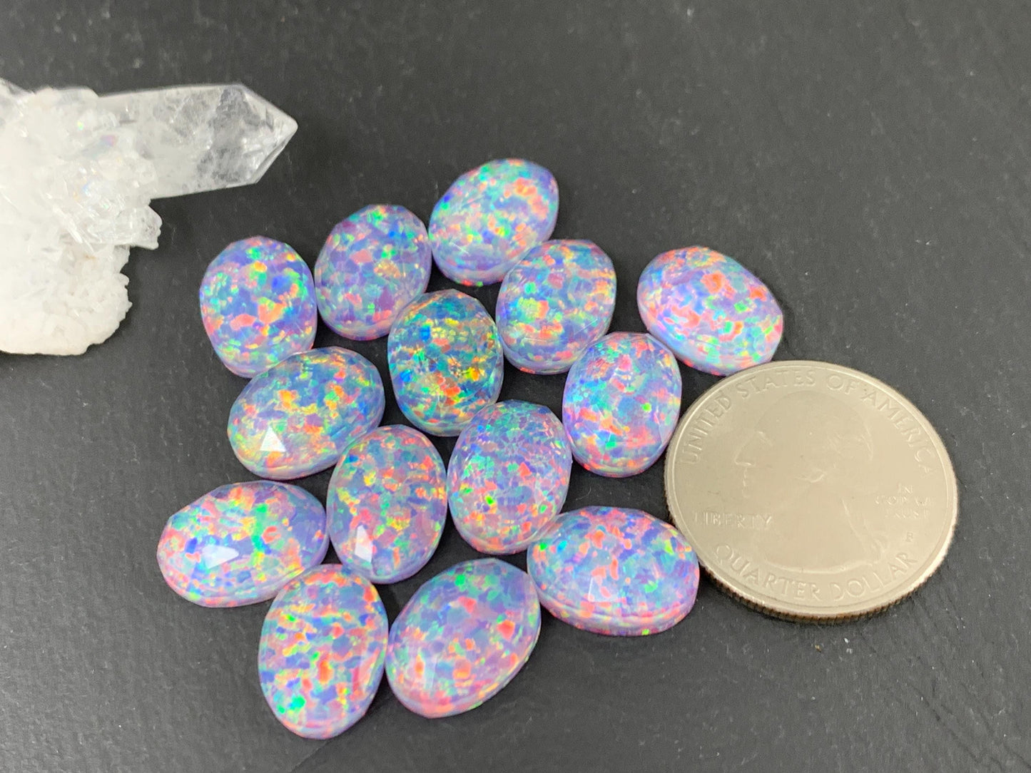 Faceted Aurora Opal oval 10x14mm cabochons - Doublet cabochons