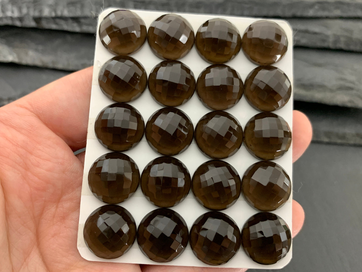 Faceted Smokey Quartz round 14mm cabochon - Calibrated cabochons